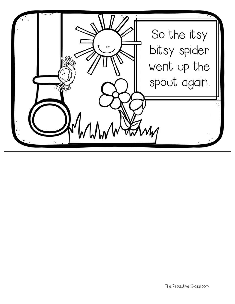 Last coloring book page in line art: the spider goes up the spout again beside a smiling sun, flowers and grass