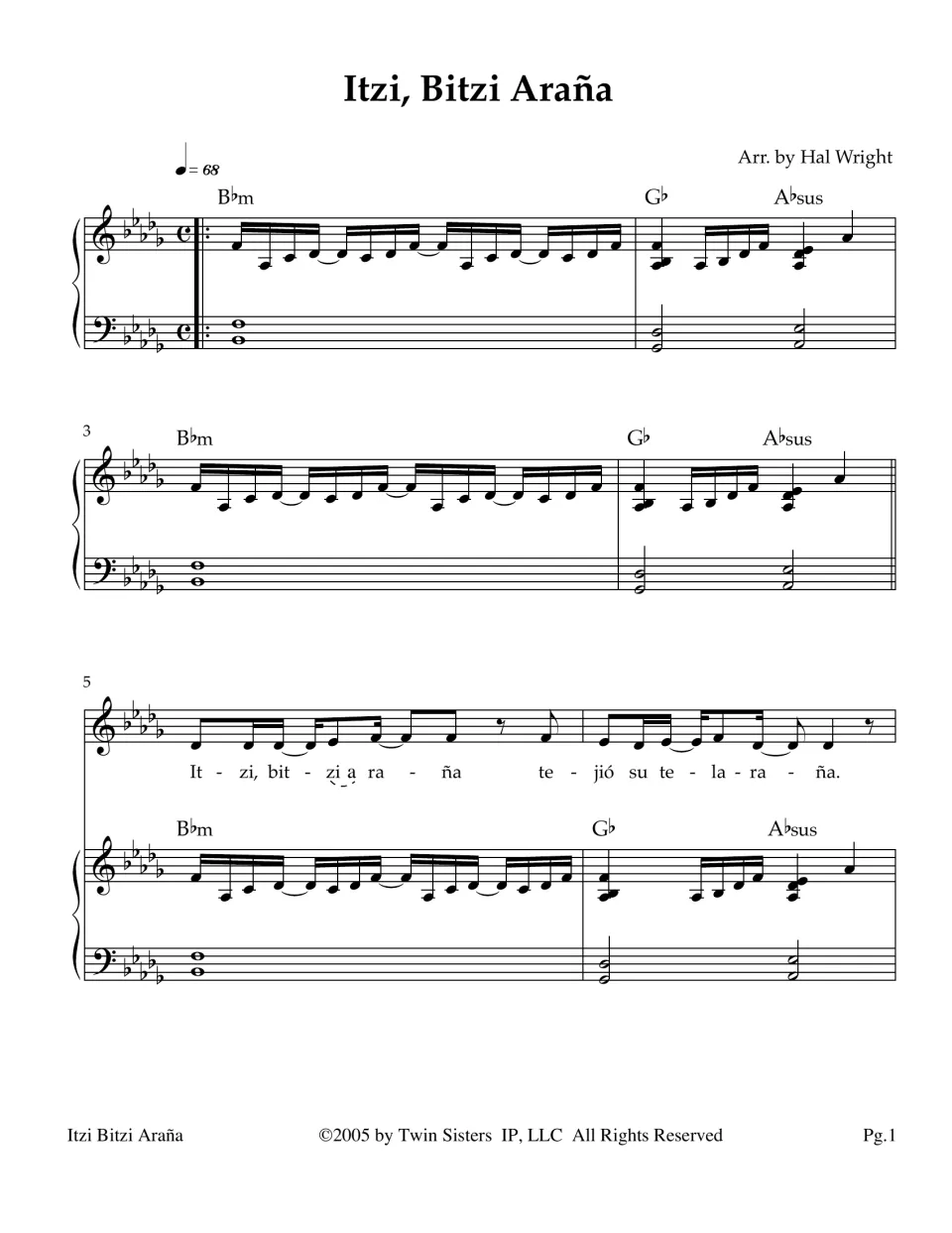 Itzi, Bitzi Araña score: piano intro in B-flat minor at 68 bpm, then the voice enters with Spanish lyrics in bar 5