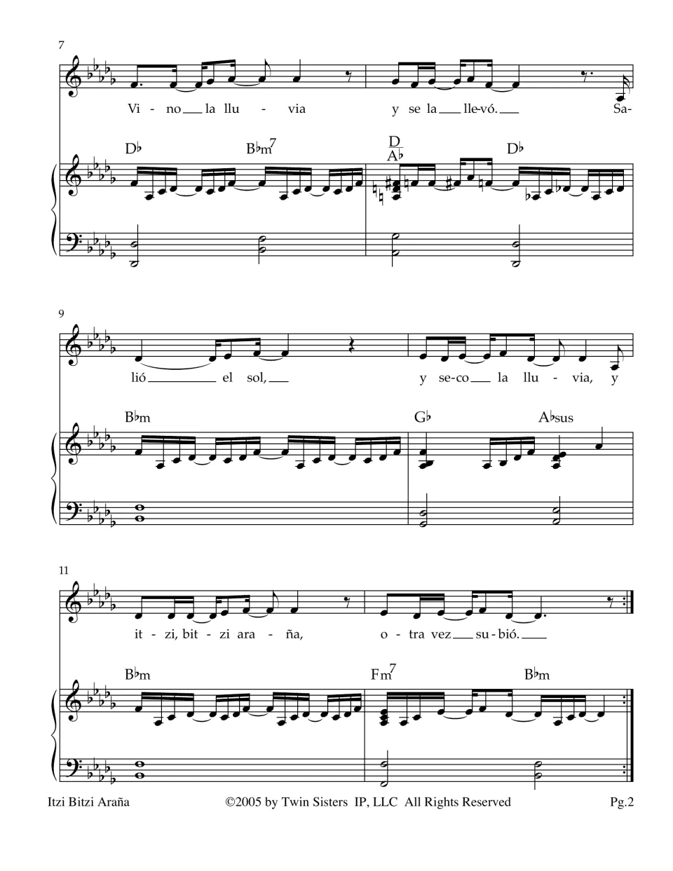 Spanish verse in bars 7-12: sung melody about the rain and sun over piano chords, ending at a repeat sign