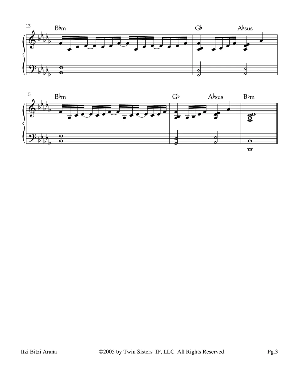 Piano outro in bars 13-17 repeating the B-flat minor, G-flat and A-flat sus pattern to a final B-flat minor chord