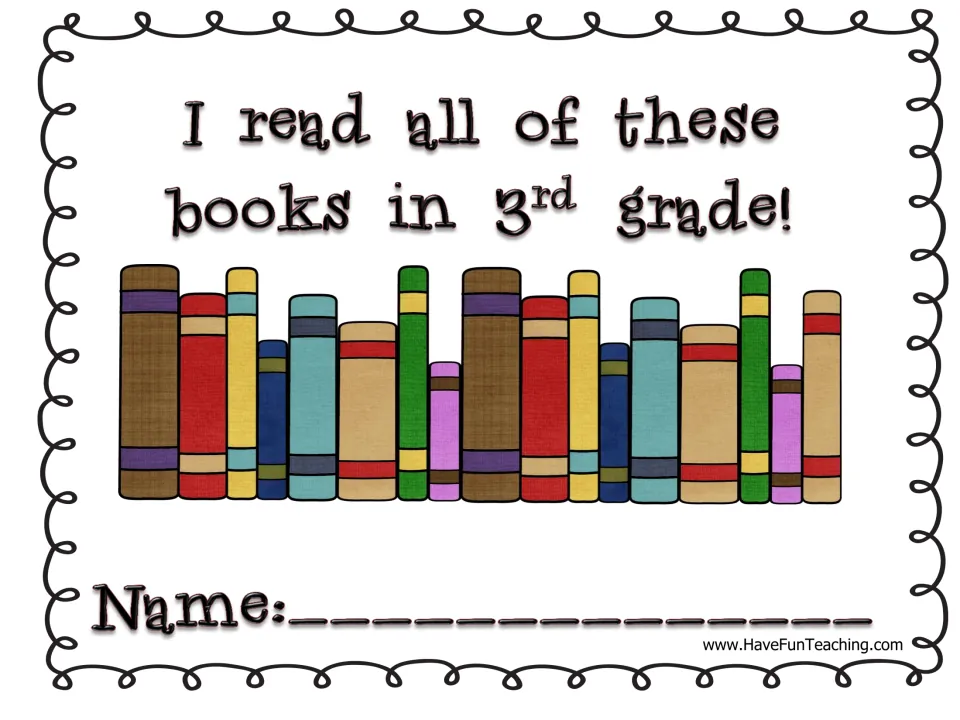 Student booklet cover reading 'I read all of these books in 3rd grade!' with a shelf of books and a line for a name