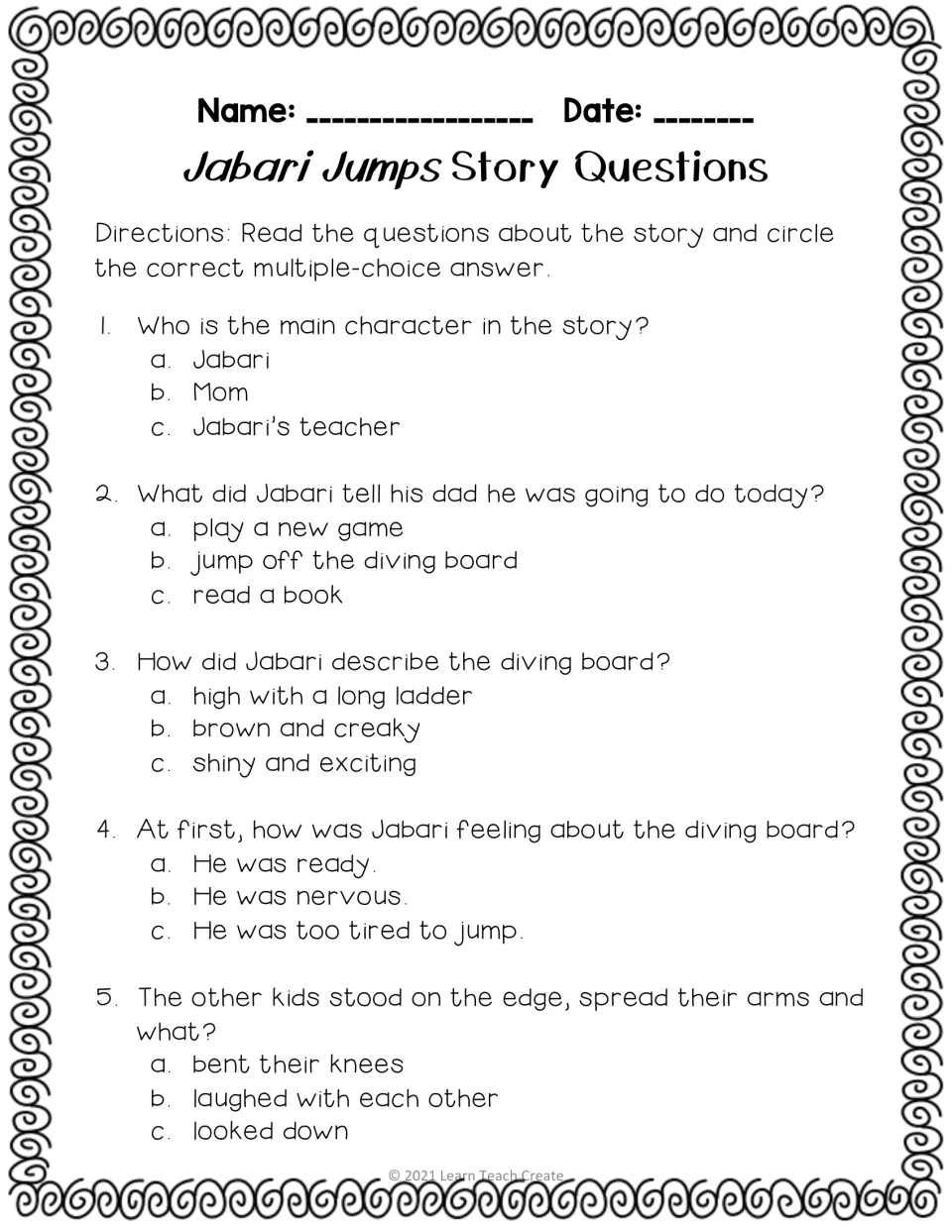 Story questions 1–5 ask about Jabari, his diving plans, the diving board, his feelings, and the other kids