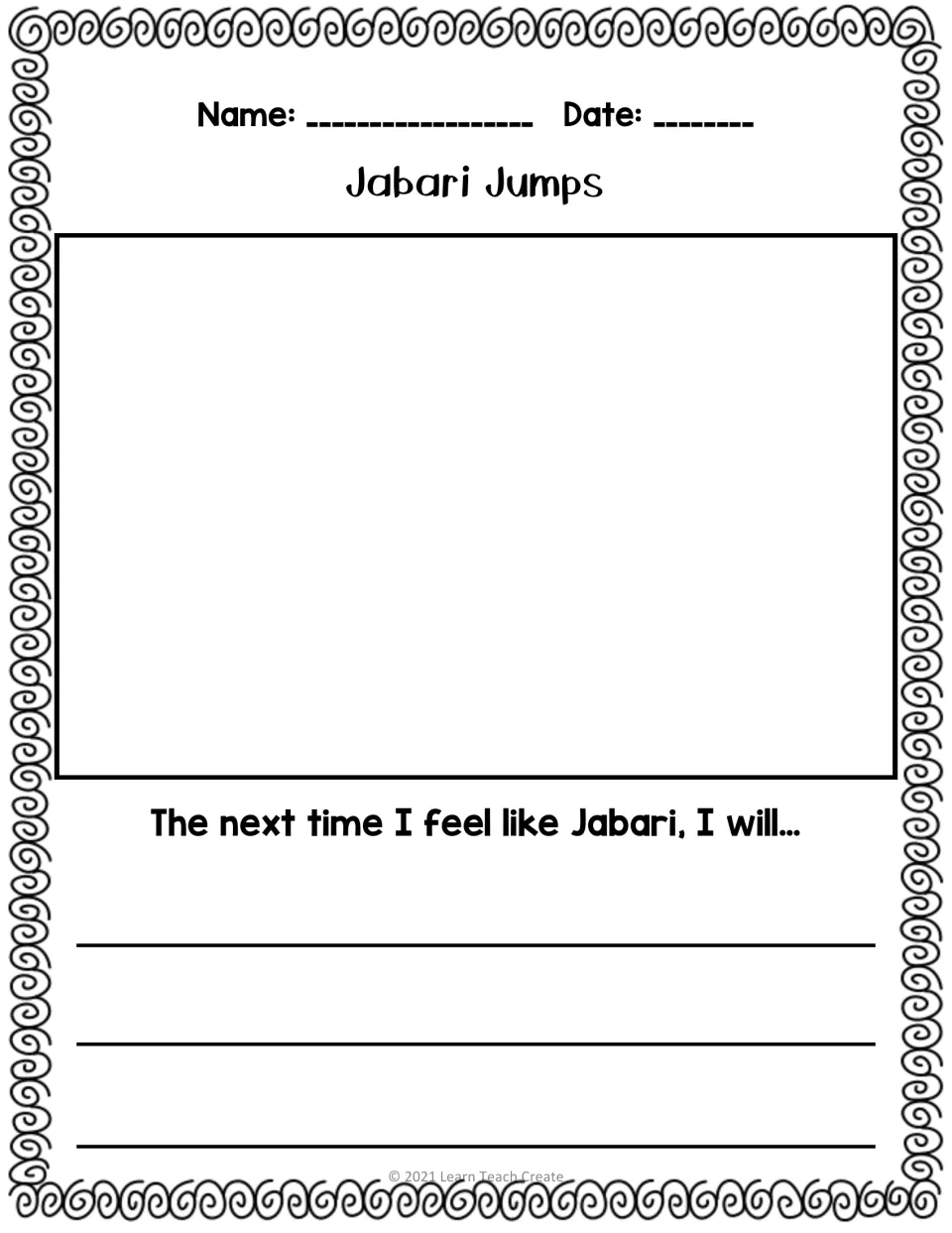 Drawing and writing reflection asks students to finish 'The next time I feel like Jabari, I will...'