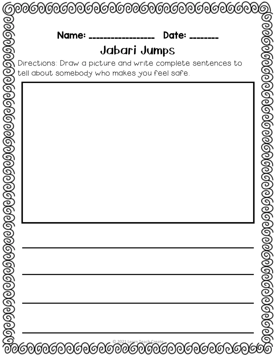Drawing and writing prompt asks students to describe somebody who makes them feel safe in complete sentences