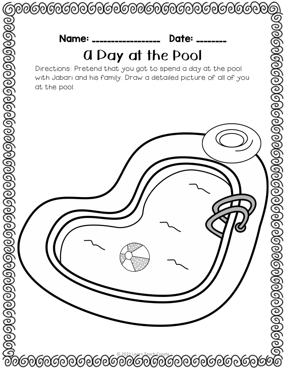 A Day at the Pool drawing activity asks students to picture themselves at the pool with Jabari and his family