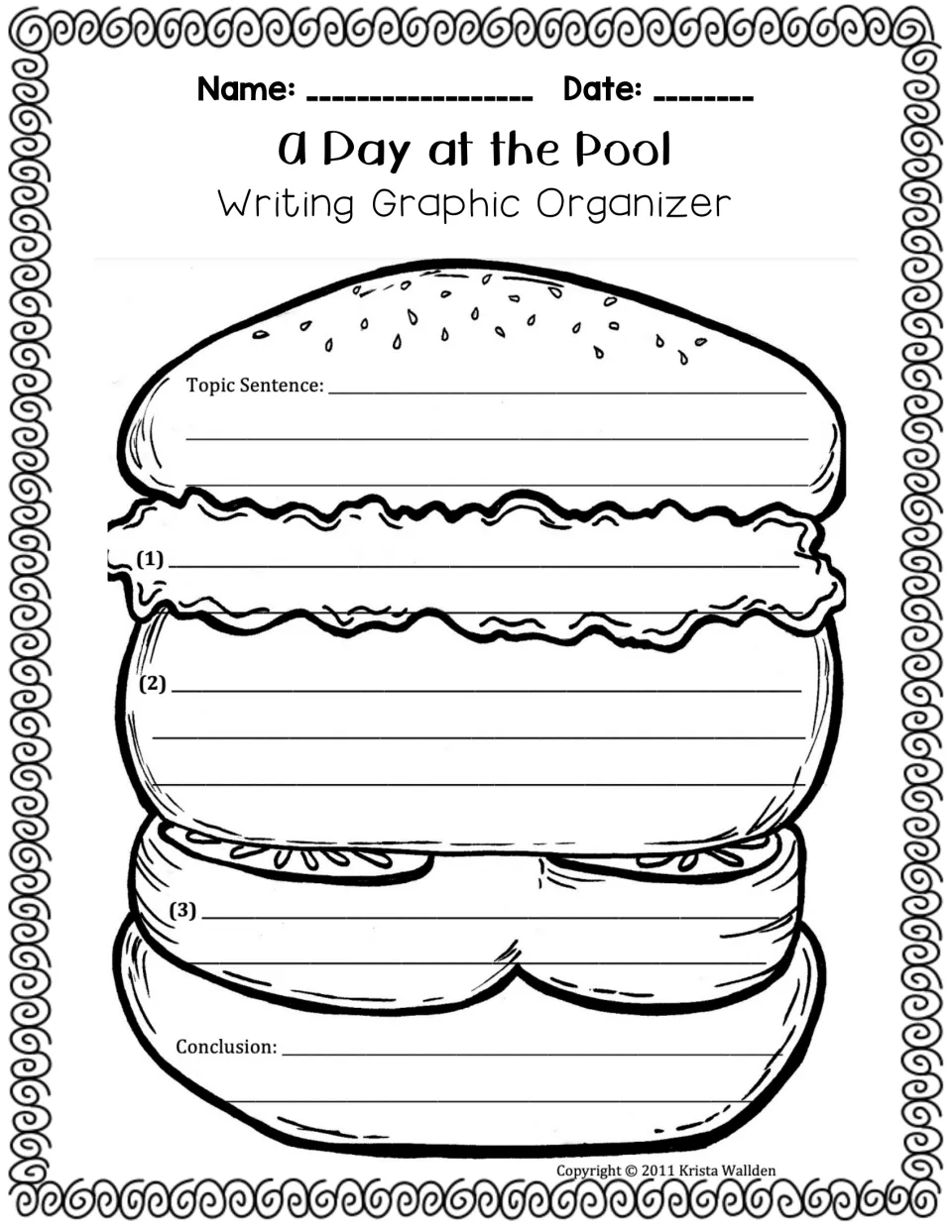 A Day at the Pool hamburger writing organizer provides a topic sentence, three details, and a conclusion