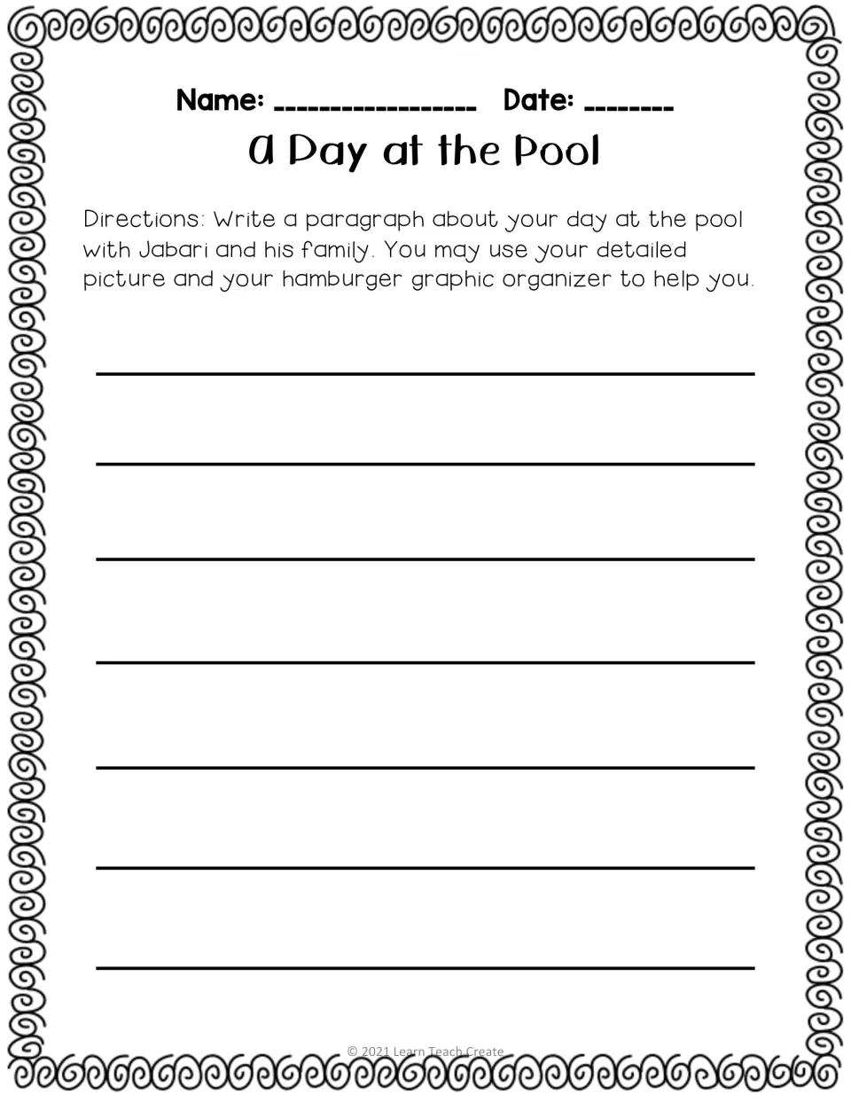 A Day at the Pool paragraph prompt asks students to use their drawing and organizer to write about the visit