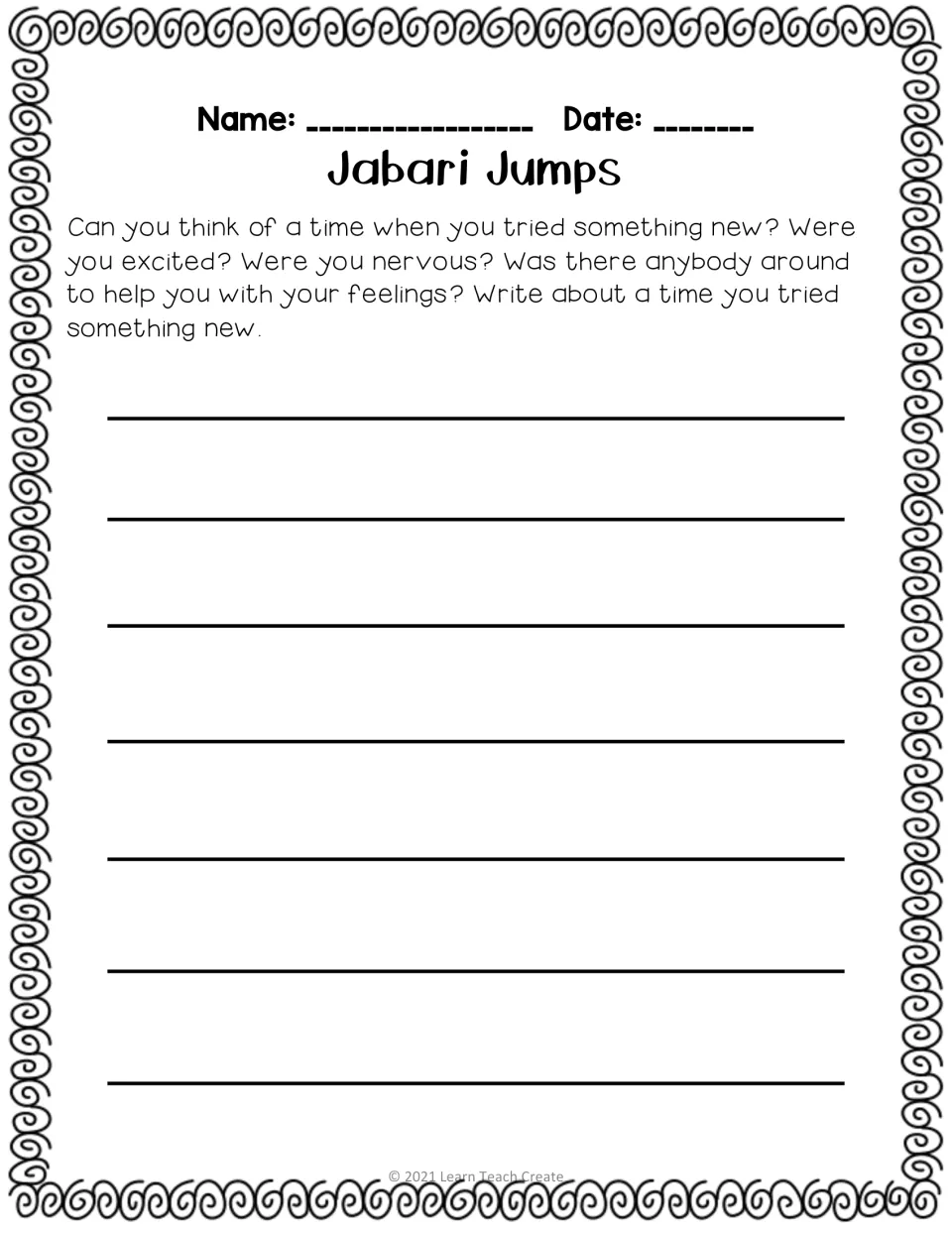 Personal writing prompt asks about trying something new, feeling excited or nervous, and receiving help