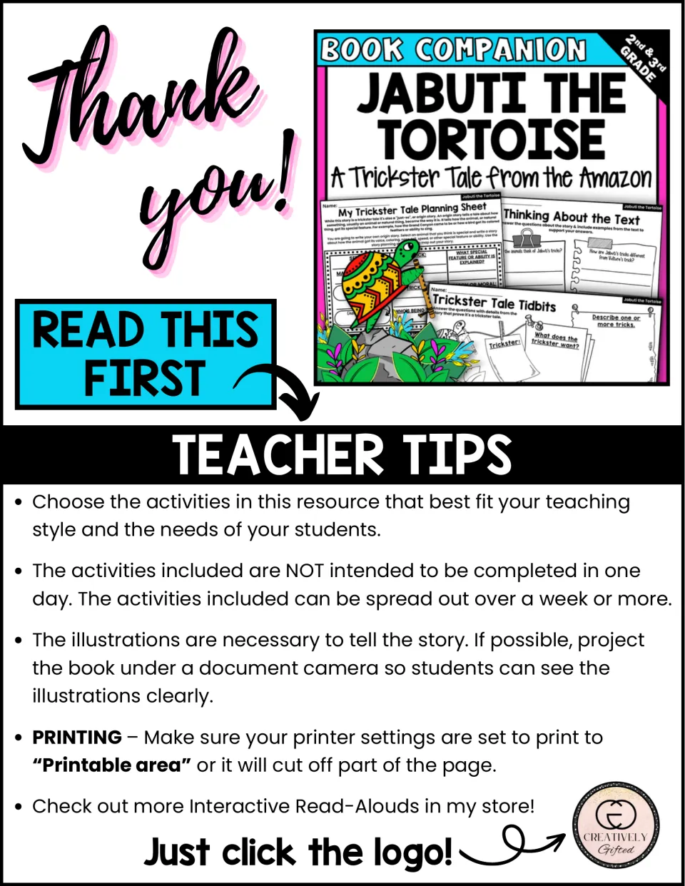 Teacher tips for the book companion cover choosing activities, pacing, showing illustrations, and printing.