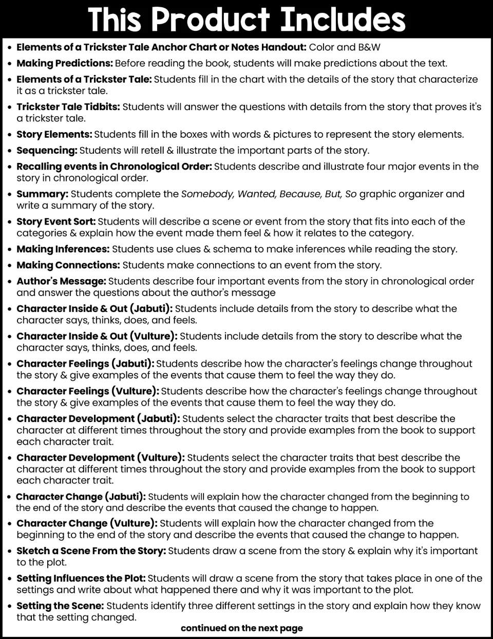 First contents page lists prediction, trickster tale, sequencing, character, and setting response activities.