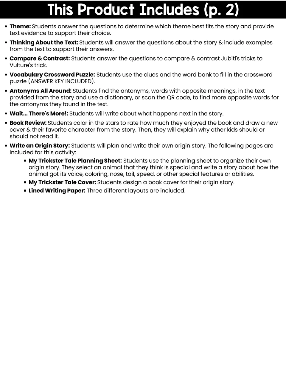 Second contents page lists theme, text questions, vocabulary, book review, and origin story writing activities.