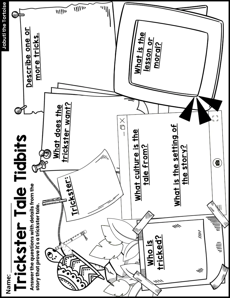 Trickster Tale Tidbits asks about the trickster, who is tricked, wants, tricks, culture, setting, and moral.