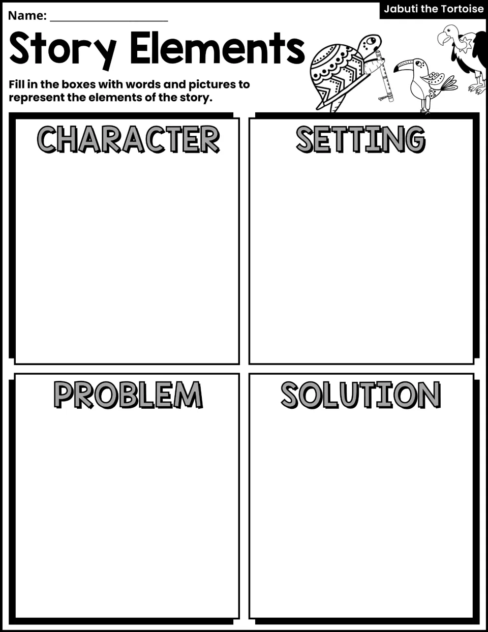 Story Elements activity asks students to use words and pictures to identify character, setting, problem, and solution.