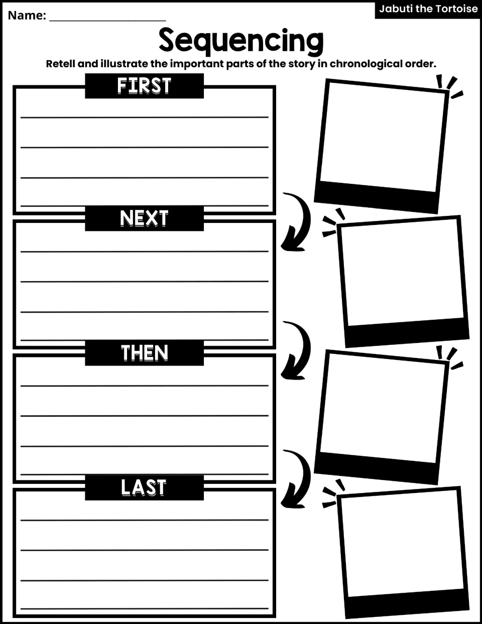 Sequencing activity asks students to retell and illustrate story events in order: first, next, then, and last.