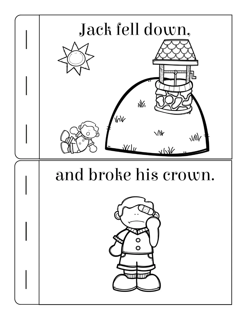 Mini-book pages reading 'Jack fell down,' and 'and broke his crown.' showing Jack fallen by the hill, then bandaged