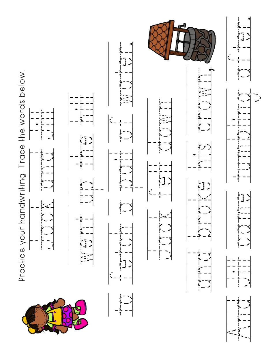 Word tracing for every word of the rhyme, from 'Jack and Jill' through 'tumbling after', in mid-size dotted letters