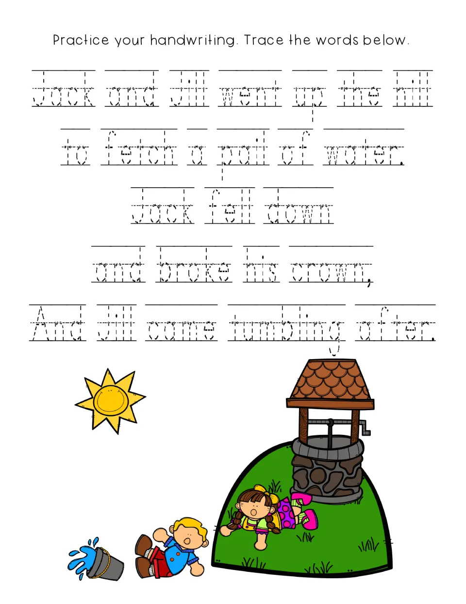 Rhyme copywork: students trace all five lines of the nursery rhyme in dotted print above a colored hill scene