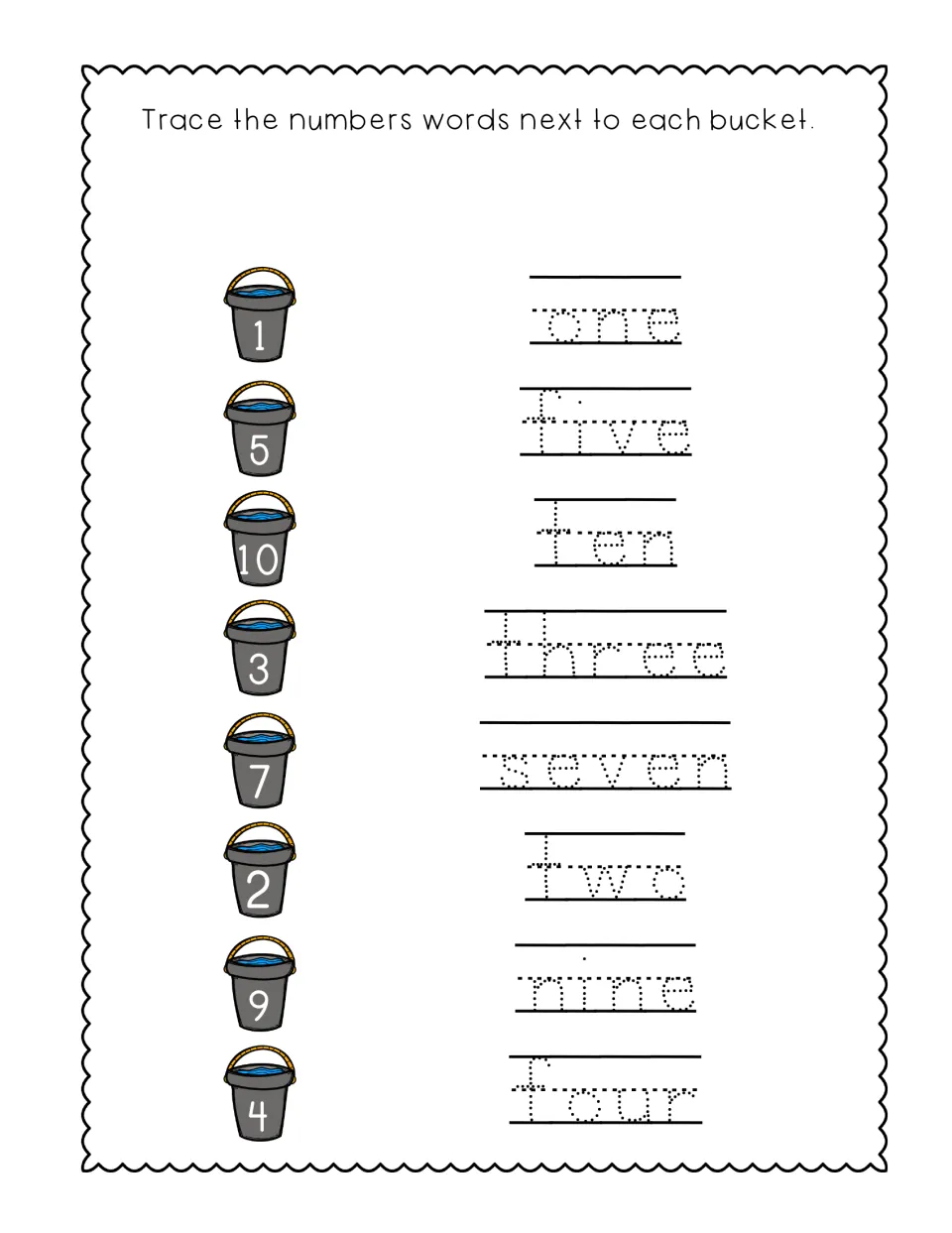 Number words: students trace one, five, ten, three, seven, two, nine and four beside numbered water buckets