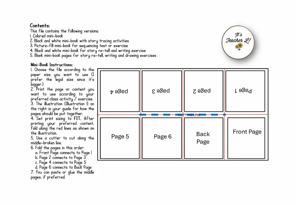 Contents list of five mini-book versions and seven folding steps, with a diagram of page order and the middle cut line