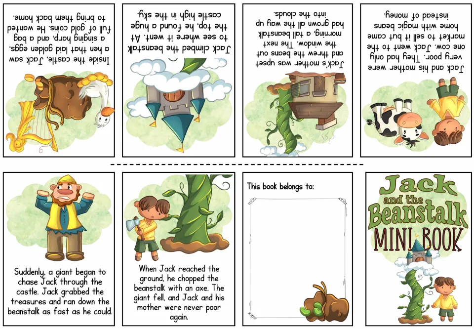 Colored fairy tale booklet: students fold six illustrated story pages, from magic beans to chopping the beanstalk