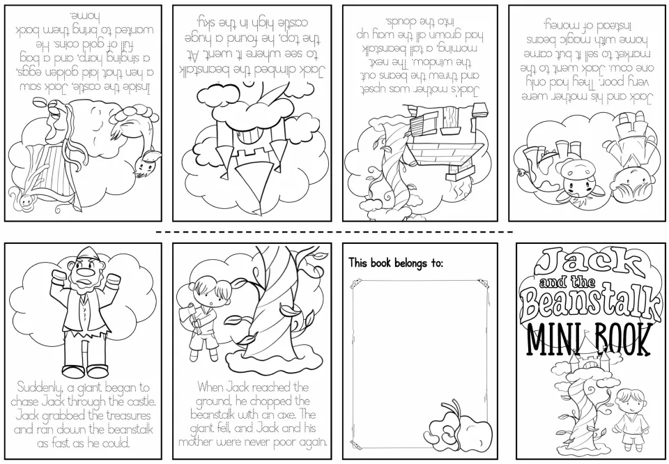 Tracing version of the story booklet: students trace dotted story sentences on each page and color the outline art