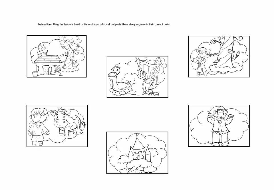 Story sequencing cut-and-paste: students color six scenes (cow, house, castle, harp, giant, axe) and paste them in order