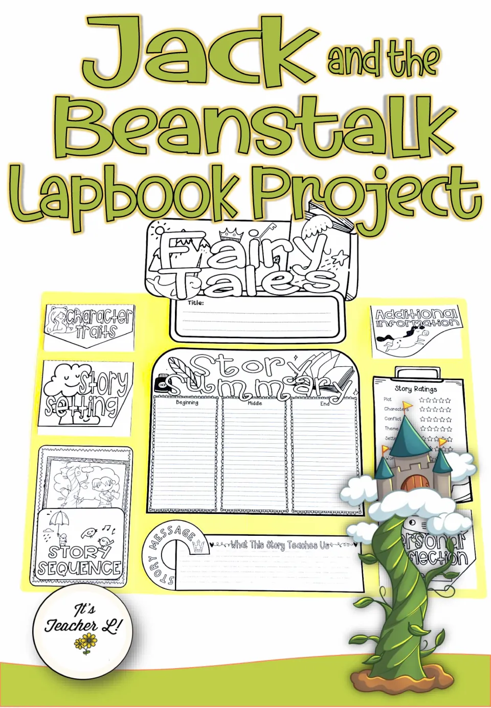 Fairy tale lapbook cover: sample showing character traits, setting, story summary, ratings, story message and sequence flaps