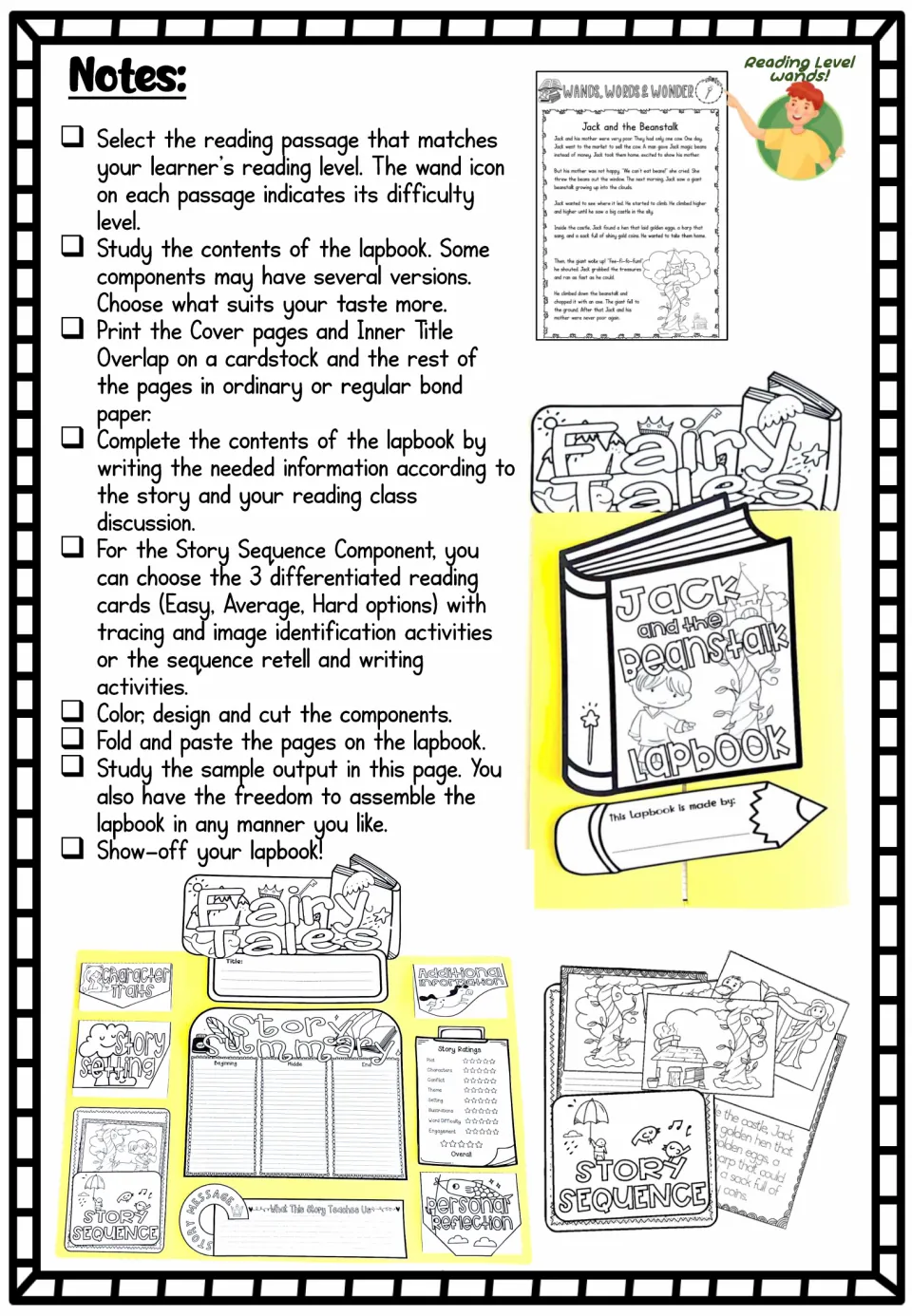 Teacher notes: steps to pick a leveled passage, print covers on cardstock, color, cut, fold and paste each lapbook component
