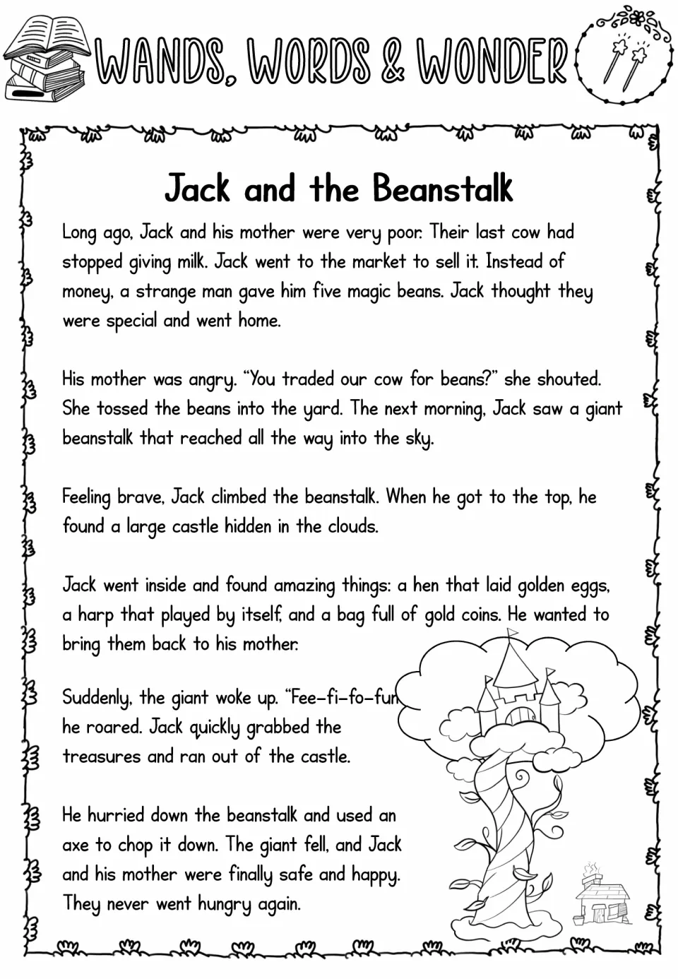 Two-wand passage of the beanstalk tale: five magic beans, a castle in the clouds, golden eggs, a harp and the giant's fall