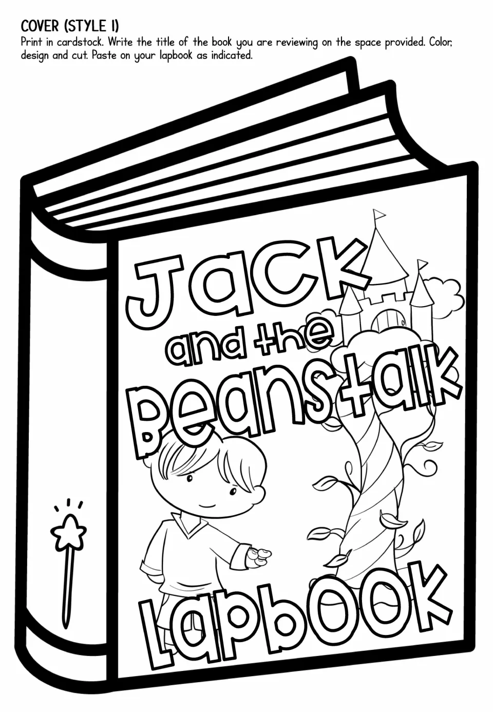 Cover style 1 cut-out: closed book with Jack holding beans beside a beanstalk and castle, for students to color and paste