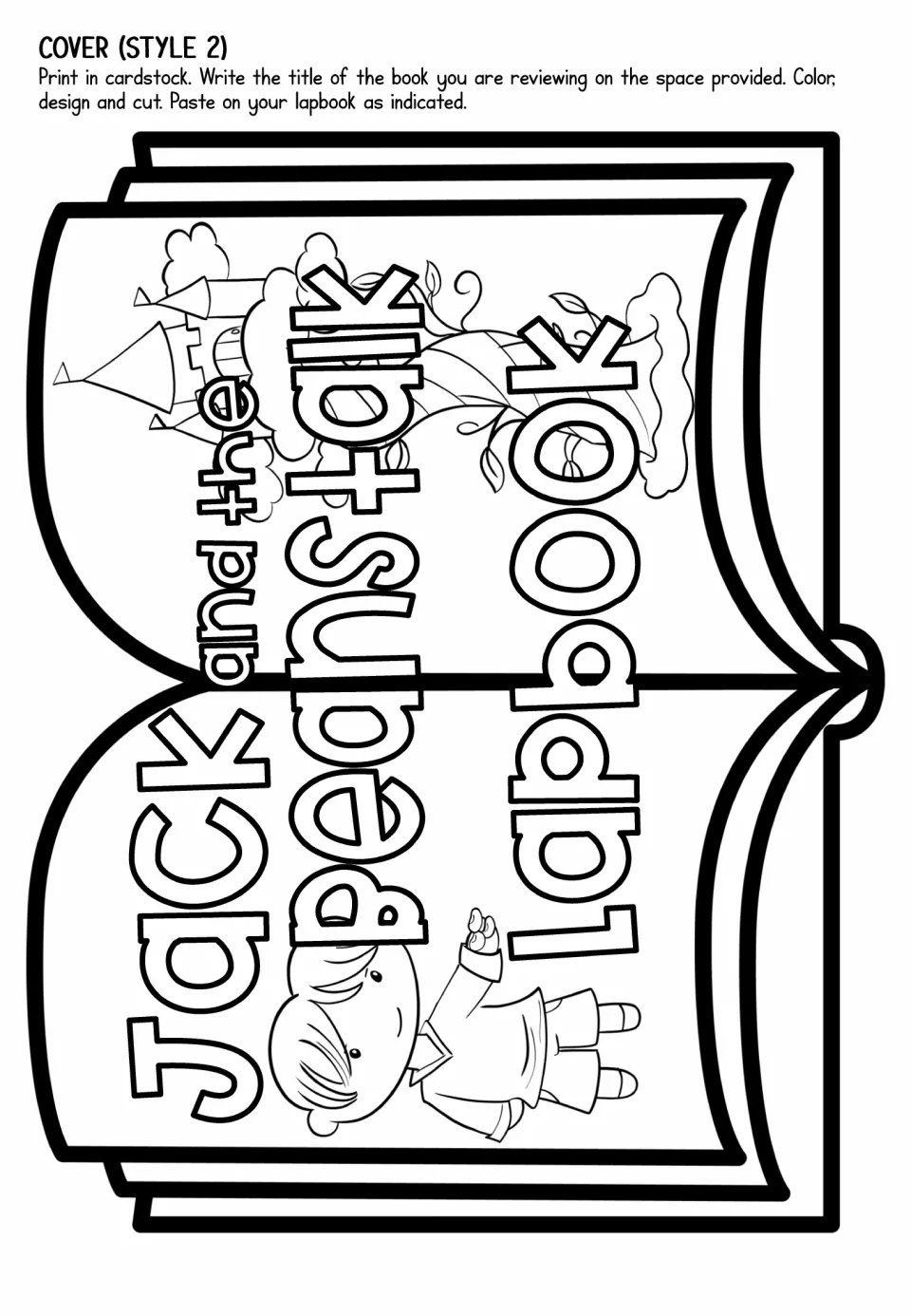 Cover style 2 cut-out: open book drawn sideways with Jack, the beanstalk and a cloud castle, ready to color, cut and glue on
