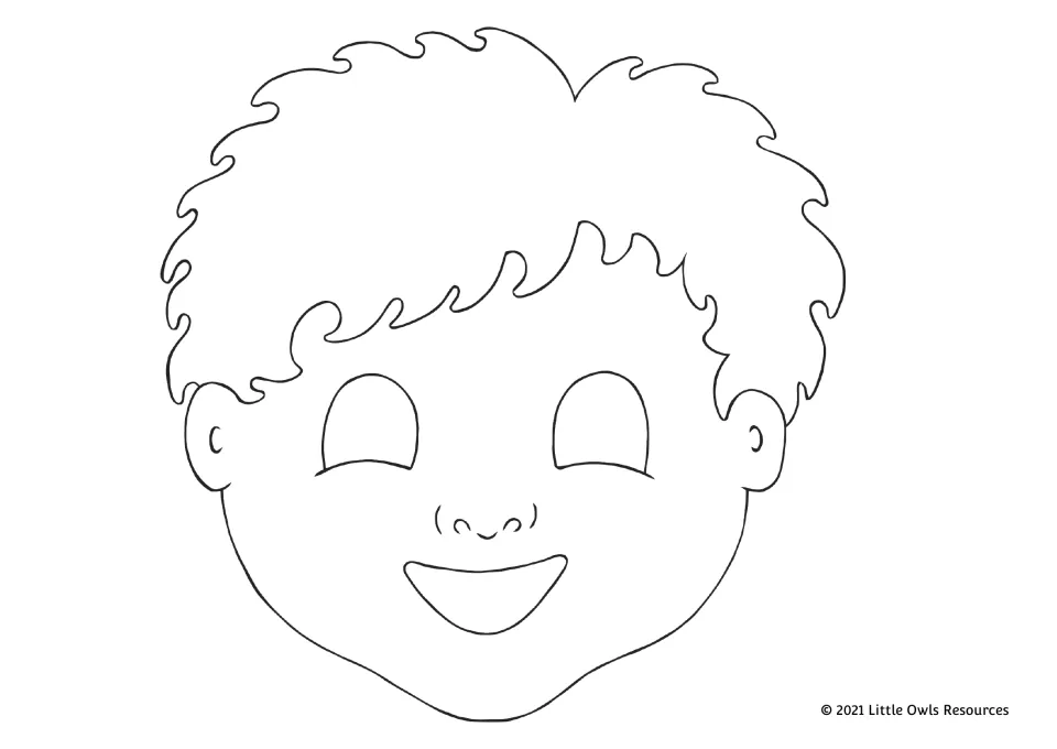 Coloring mask of a smiling boy with curly hair and cut-out eye holes, for students to color, cut out and wear in role-play