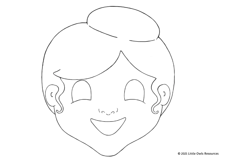 Coloring mask of a smiling woman with her hair in a top bun and cut-out eye holes, ready for students to color and wear