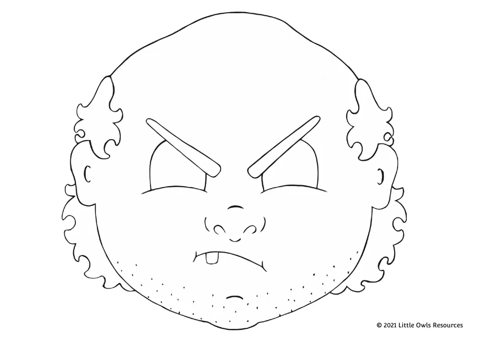 Coloring mask of a scowling bald man with bushy side hair, stubble and one tooth showing; students color it for drama play