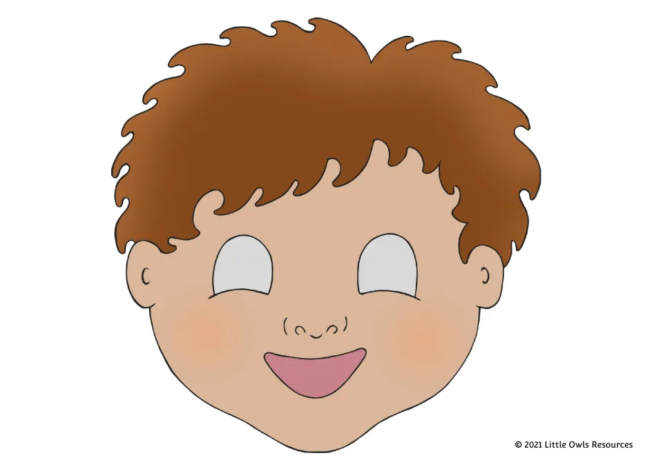 Full-color mask of a smiling boy with curly brown hair, rosy cheeks and eye holes to cut out for acting out the story