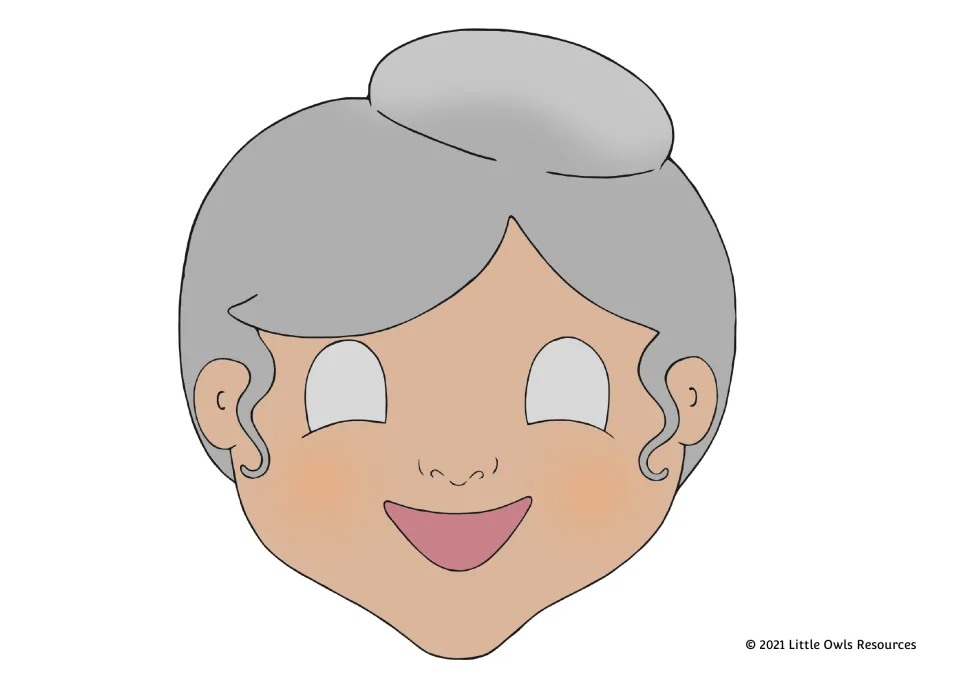 Full-color mask of a smiling woman with a gray hair bun and rosy cheeks, with eye holes to cut out for story role-play