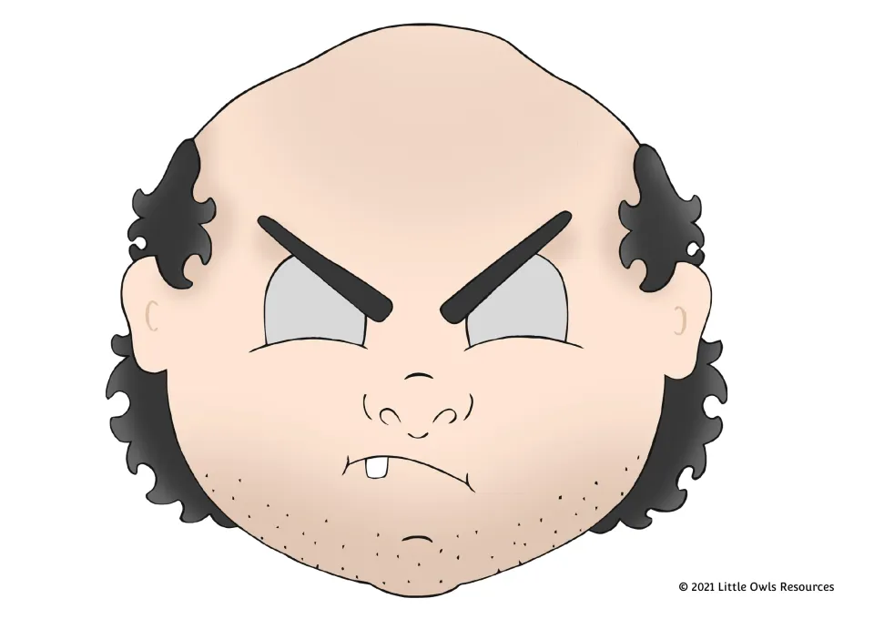 Full-color mask of an angry bald man with black side curls, heavy brows and stubble, ready to cut out for story drama