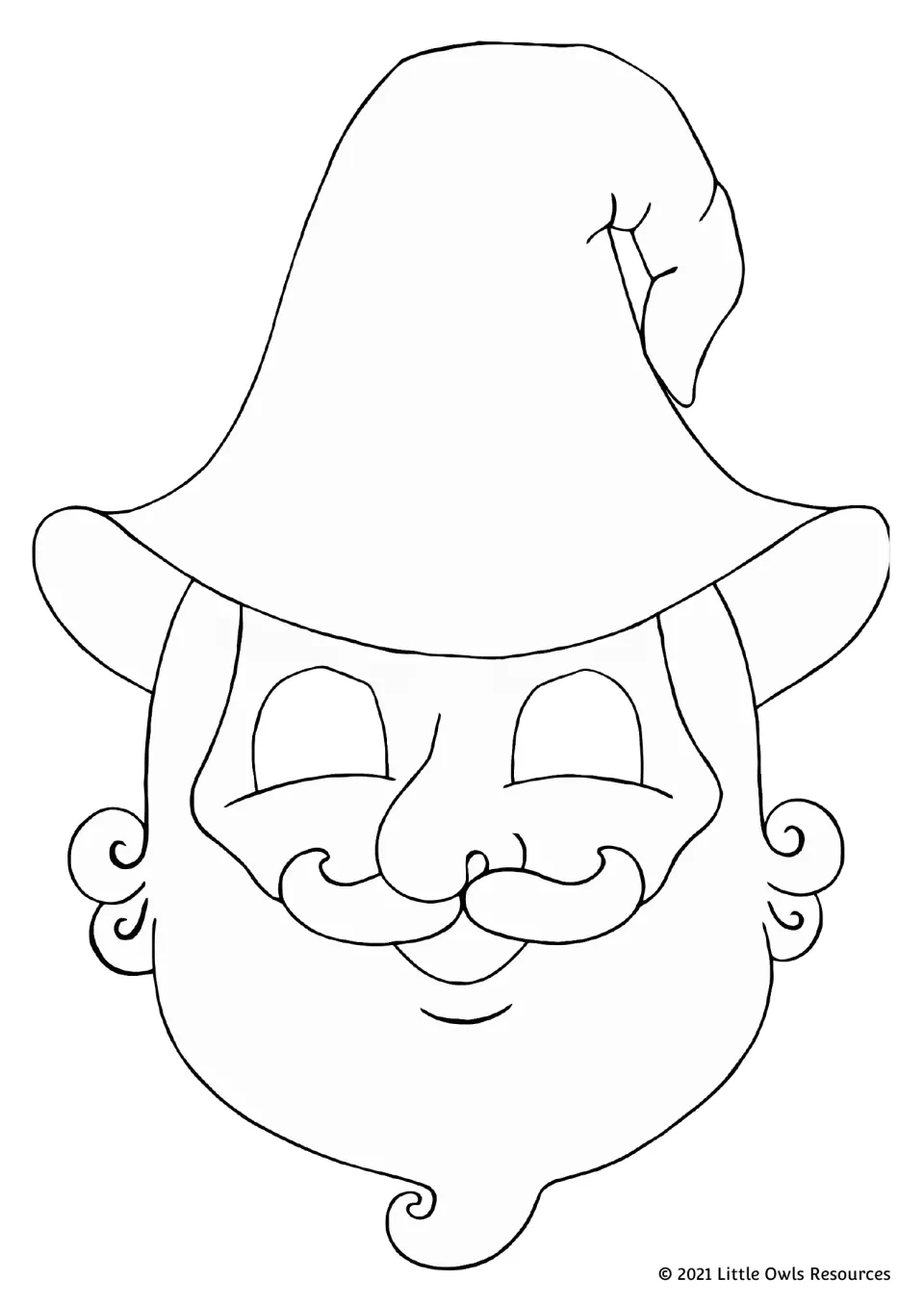 Coloring mask of a smiling bearded man in a tall pointed hat with a curled mustache, for students to color and cut out