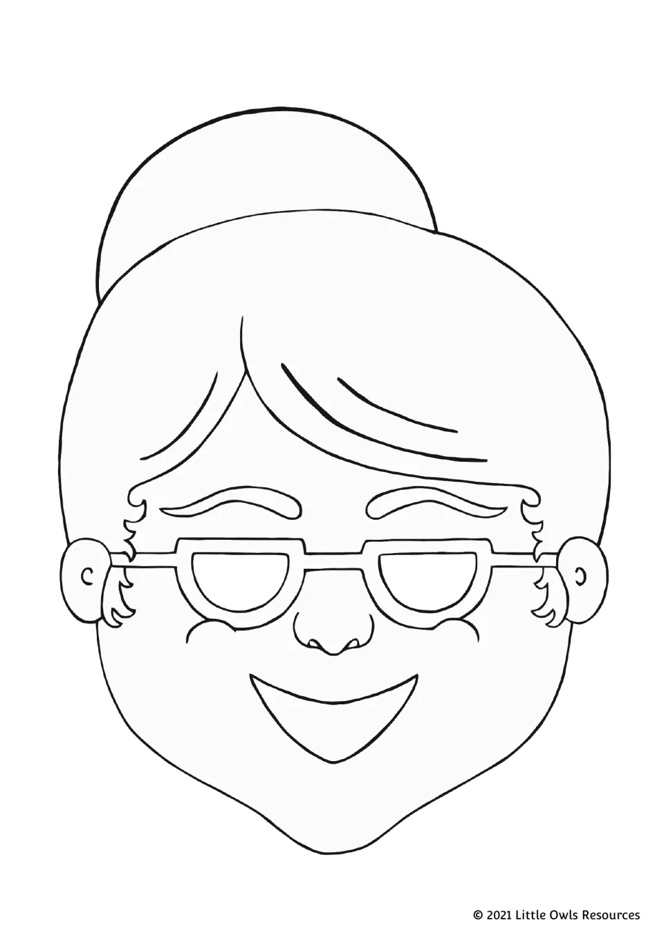 Coloring mask of a smiling woman with a hair bun and half-moon glasses, eye holes in the lenses, for students to color
