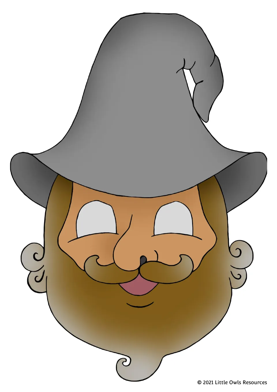 Full-color mask of a bearded man with a curled mustache and a tall gray pointed hat, ready to cut out for role-play