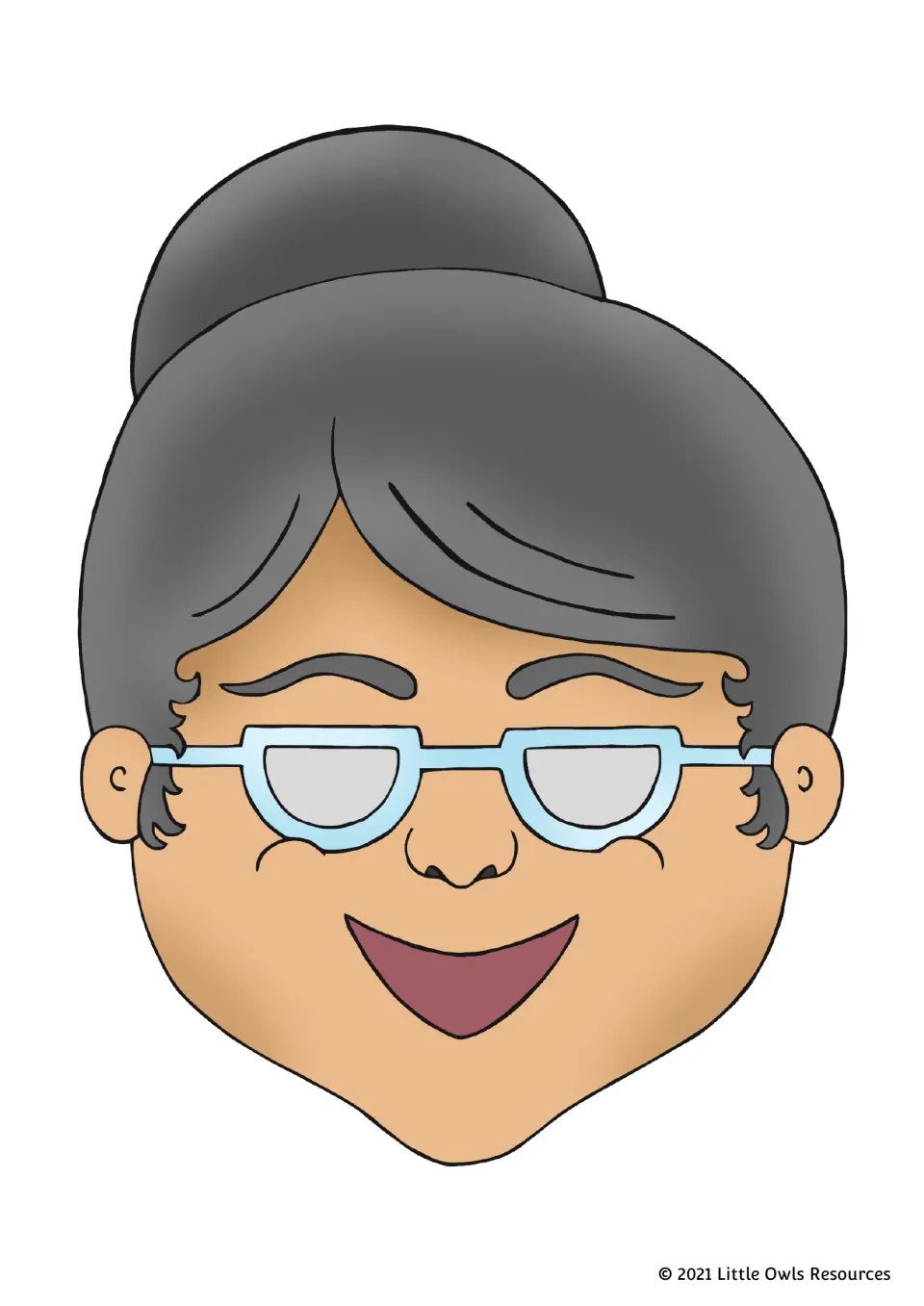 Full-color mask of a smiling woman with a dark gray bun and pale blue glasses, eye holes in the lenses, ready to cut out