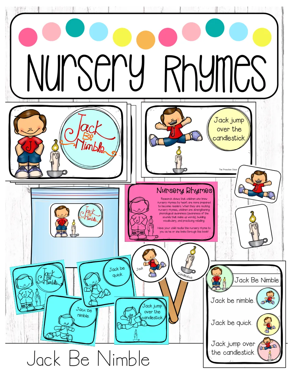 Nursery Rhymes cover for Jack Be Nimble showing a mini book, rhyme chart, stick puppets, magnet pieces and a parent note