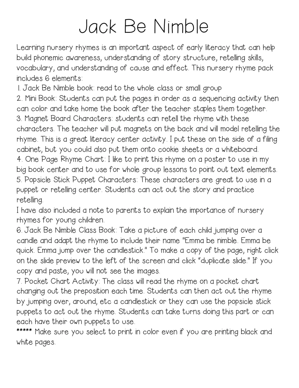 Teacher notes listing the rhyme pack's parts: big book, mini book, magnet characters, rhyme chart, puppets and pocket chart