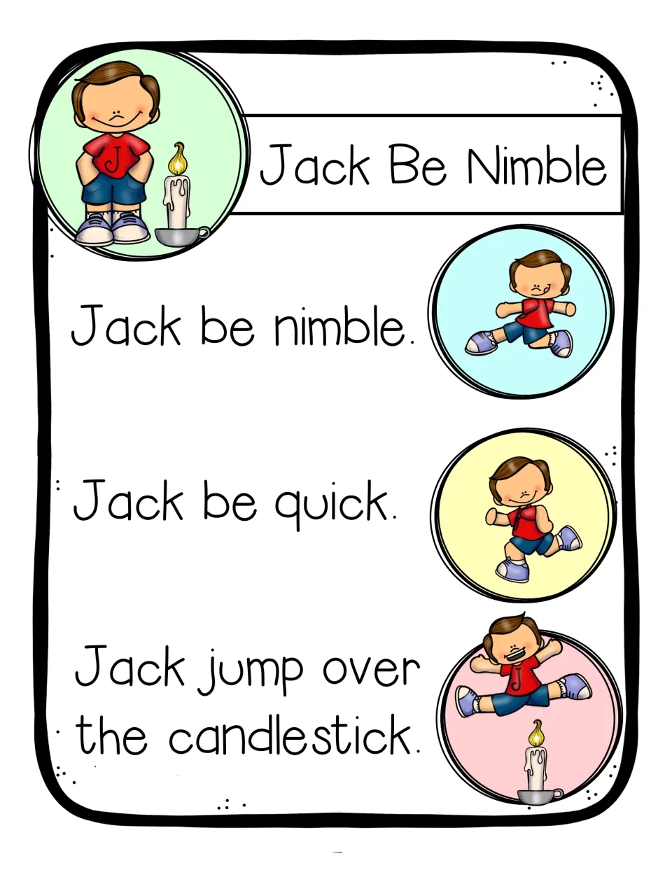 Color rhyme chart of Jack be nimble, Jack be quick, Jack jump over the candlestick, with a picture beside each line
