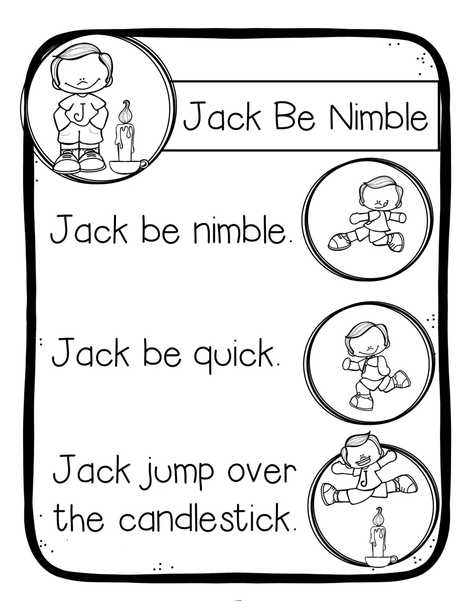 Black-and-white copy of the three-line rhyme chart with Jack pictured by each line, for coloring or reading along