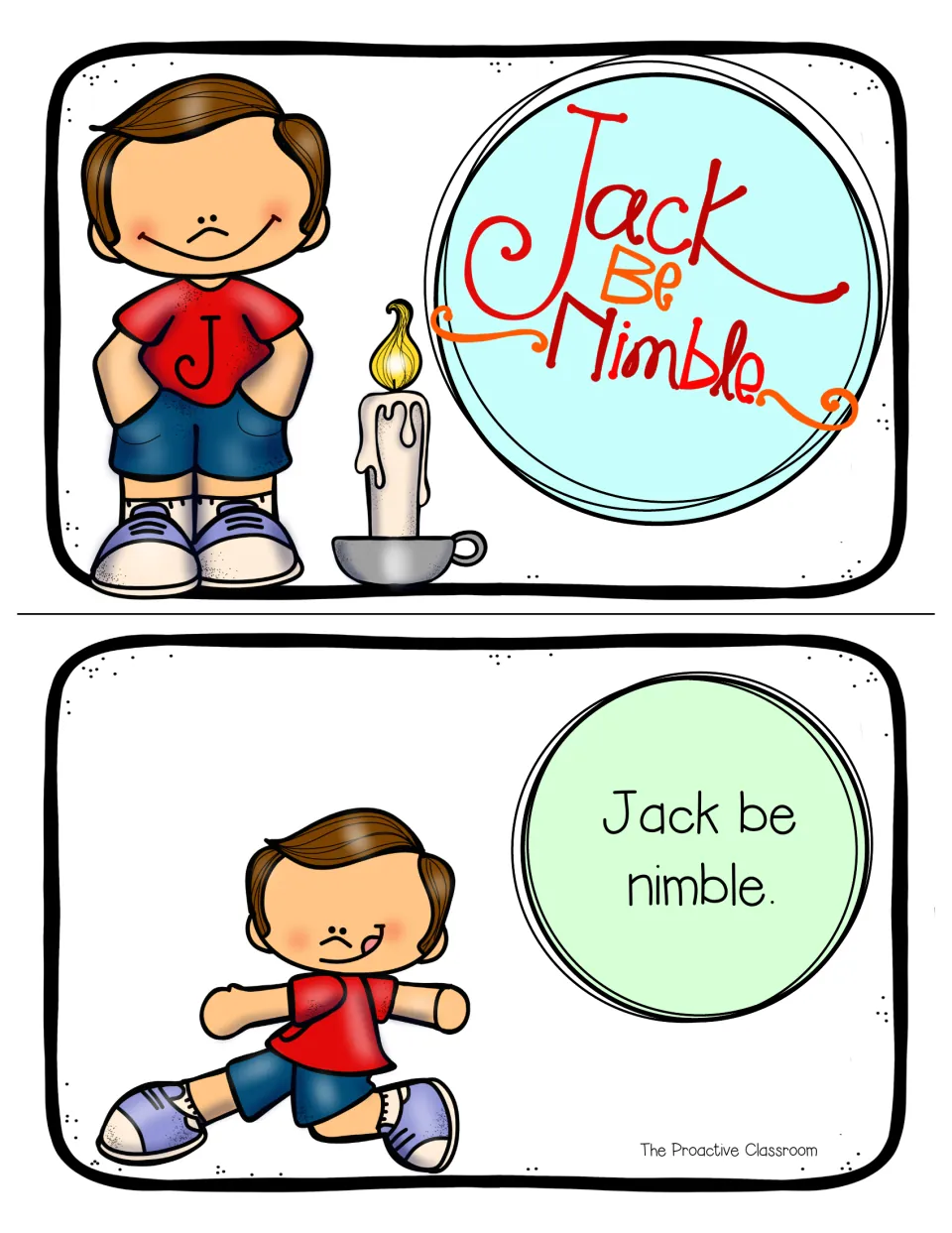 Color mini book title page of Jack beside a lit candle, then a page of Jack stepping out on the line Jack be nimble
