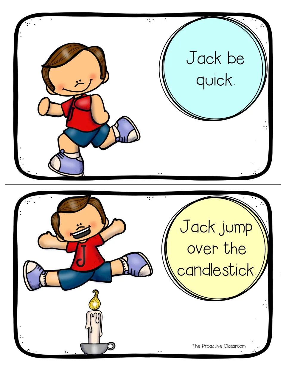 Color mini book pages: Jack runs on Jack be quick, then leaps over a lit candle on Jack jump over the candlestick