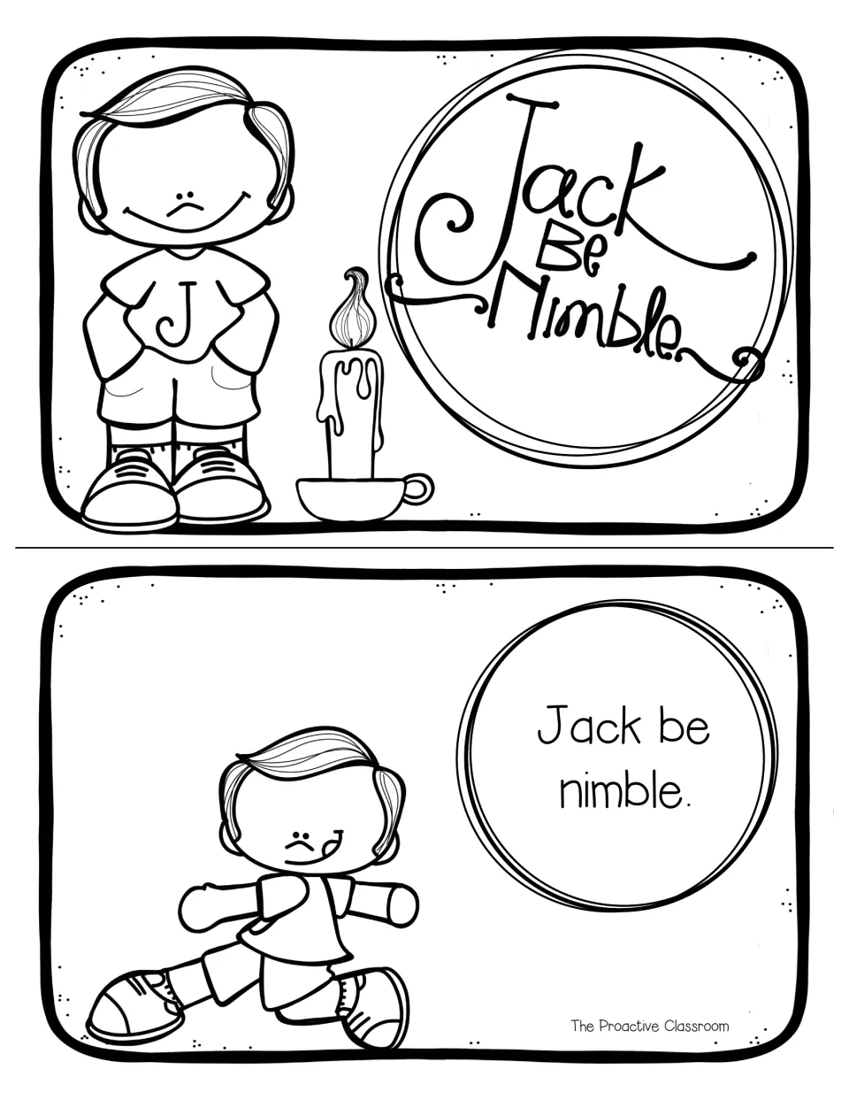Outline mini book title page with Jack standing by a candle, then Jack striding on the line Jack be nimble, for coloring