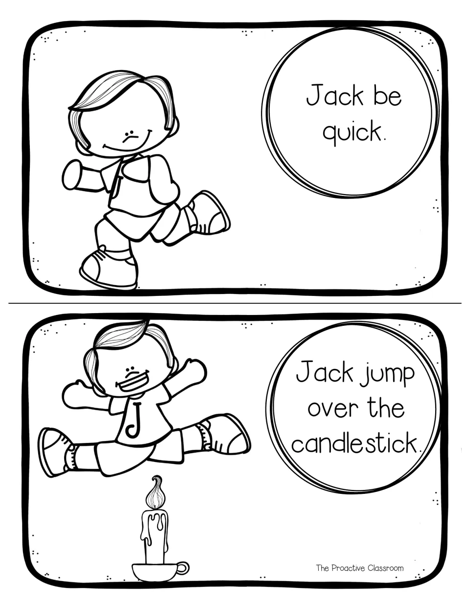 Outline mini book pages to color: Jack runs on Jack be quick, then jumps a candlestick on the rhyme's last line