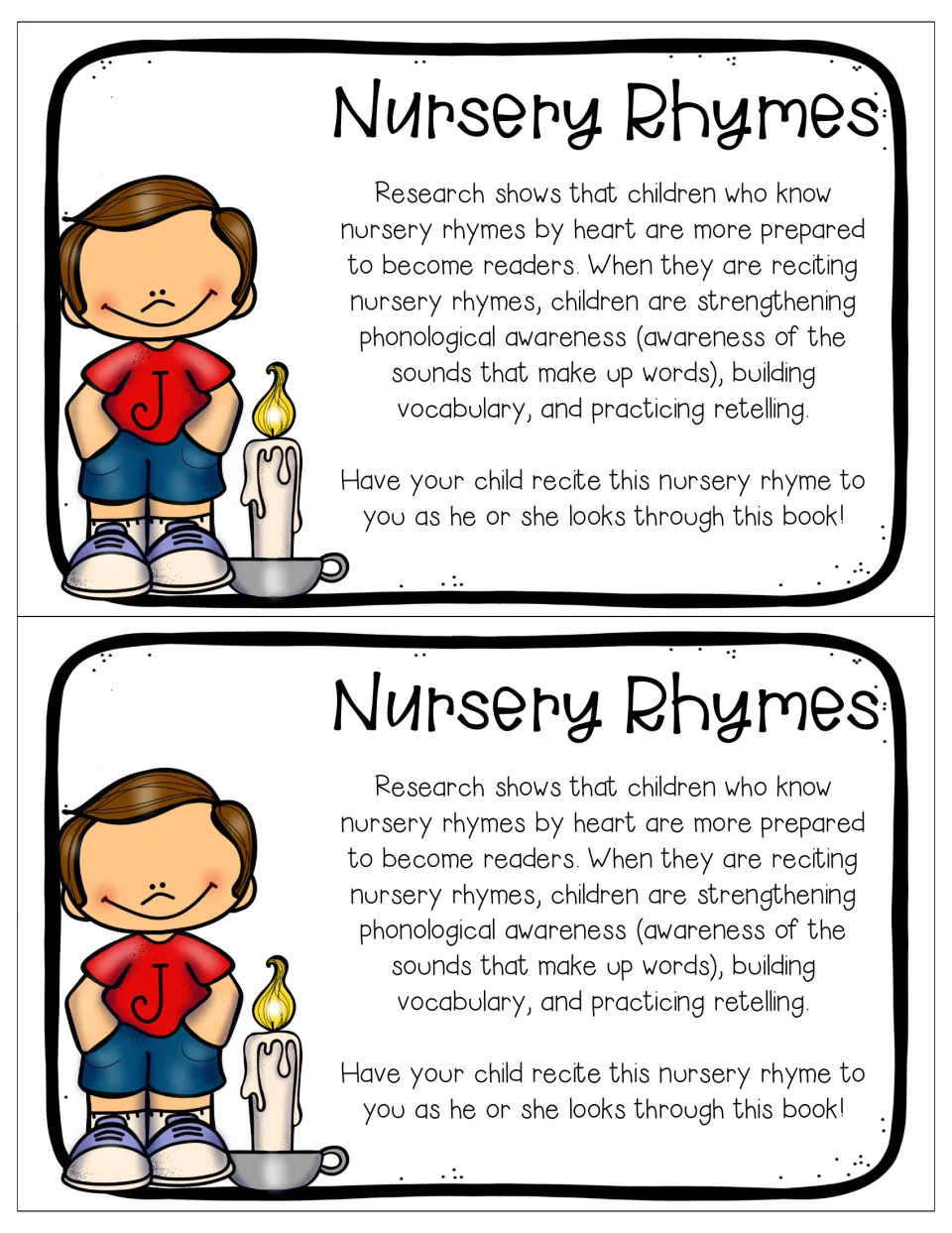 Parent note titled Nursery Rhymes, printed twice, on rhymes and phonological awareness, asking parents to hear it recited